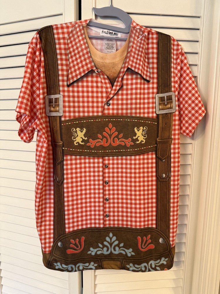 Play Real Bavarian Lederhosen Costume T-shirt Red Checkered Oktoberfest Novelty