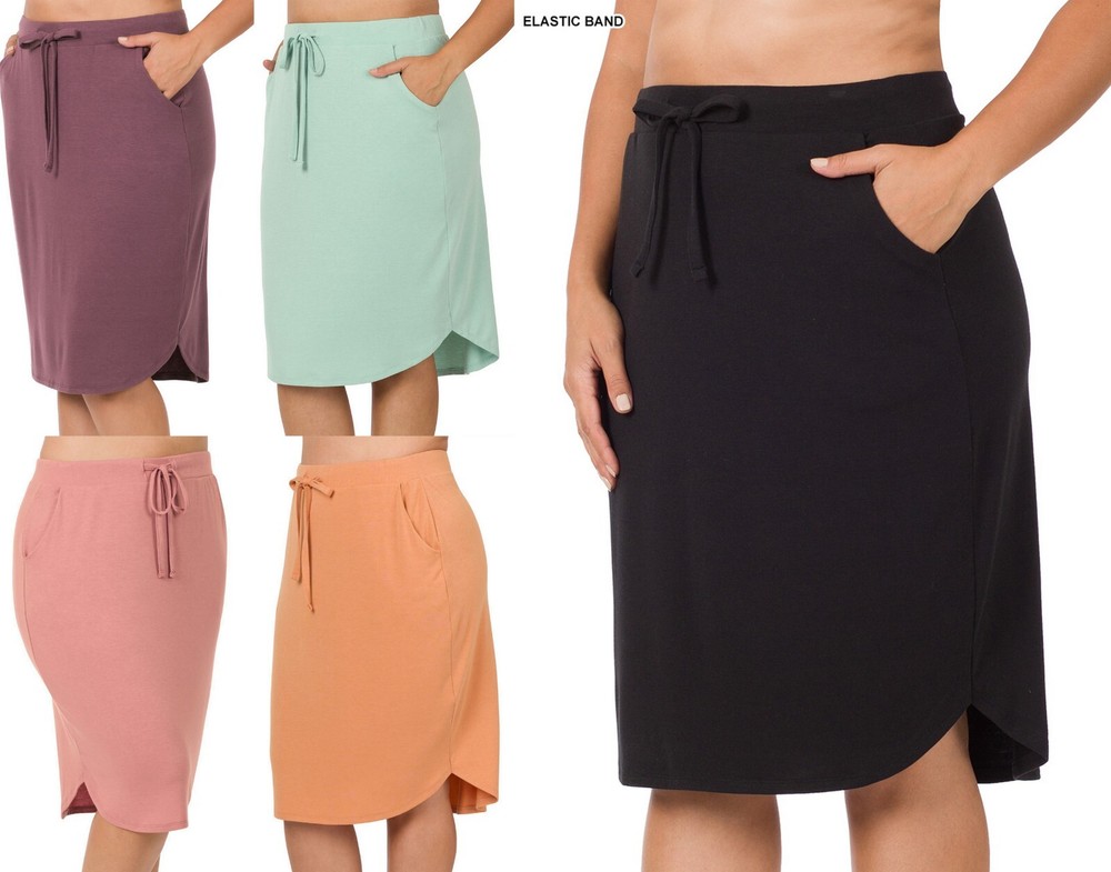 1X 2X 3X Plus Women's Elastic Waist Self Tie Tulip Hem Skirt with Side Pockets