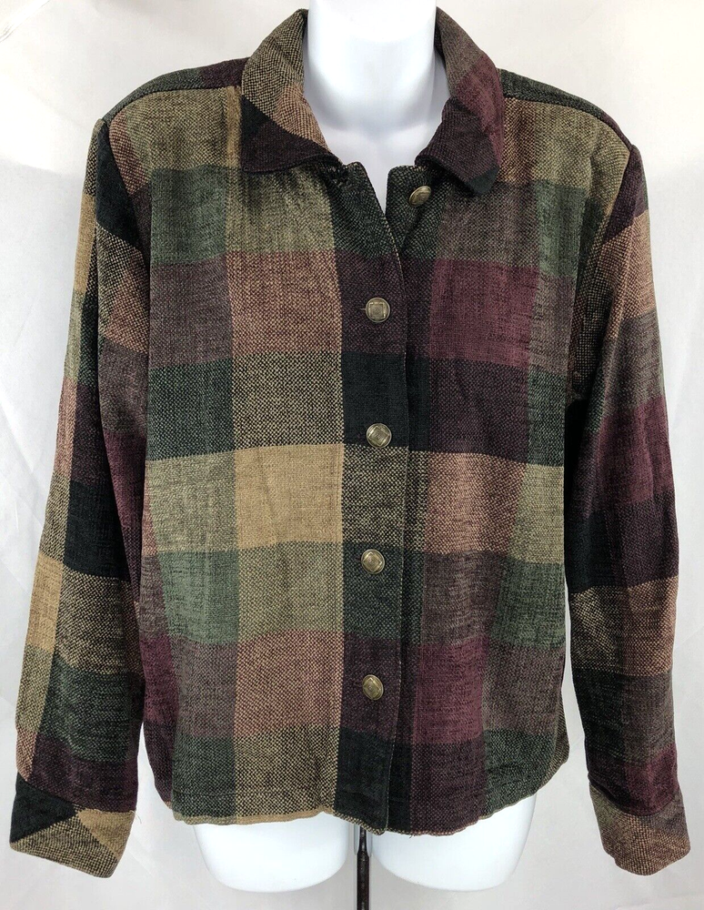 Vintage Christopher banks chenille shacket overshirt M green brown plaid cottage