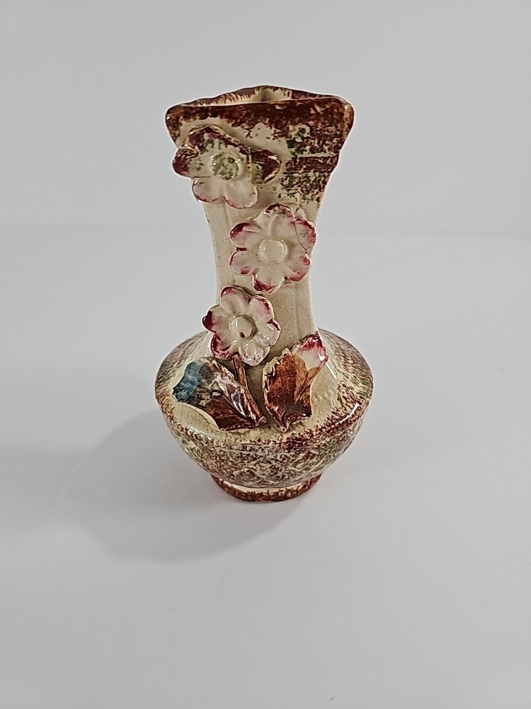 Small Handmade Hand Painted Ceramic Glazed Floral Vase - Mid Century Decor