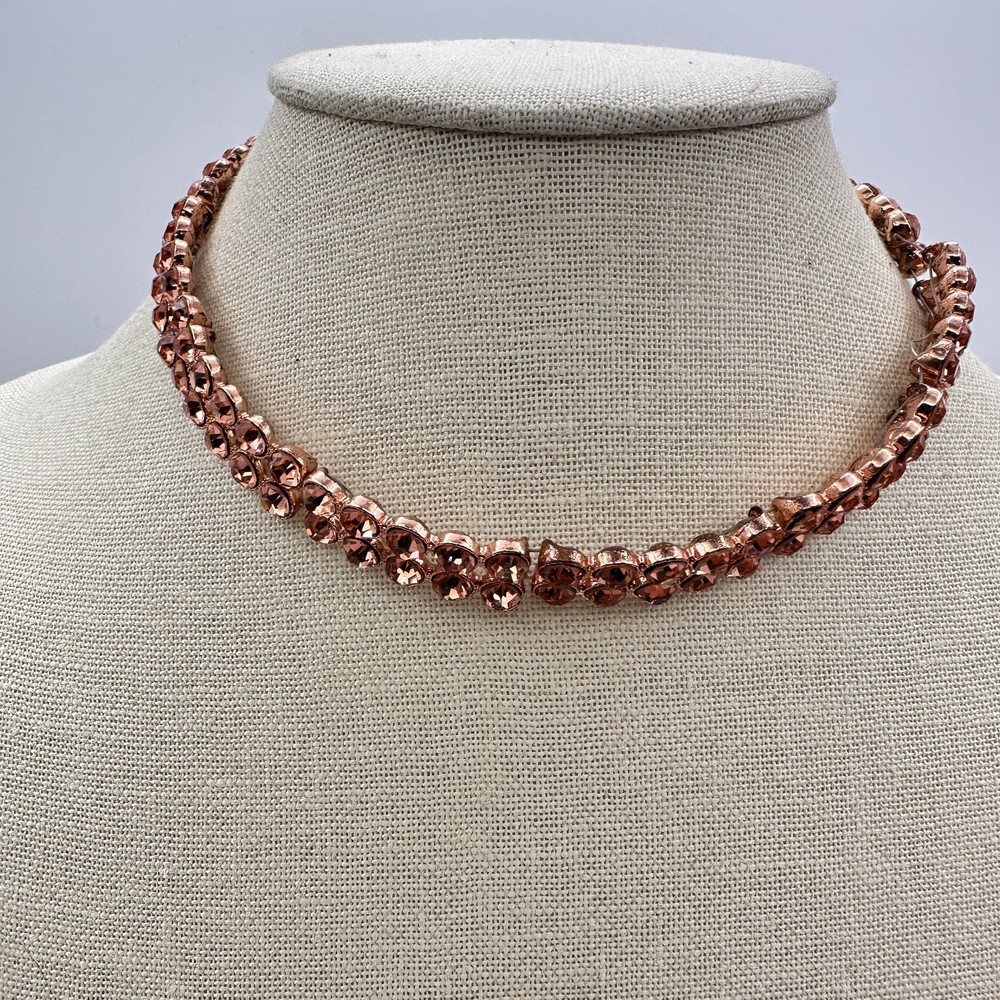 Vintage 90s Rose Gold Tone Double Row Rhinestone Choker Necklace Women's Jewelry