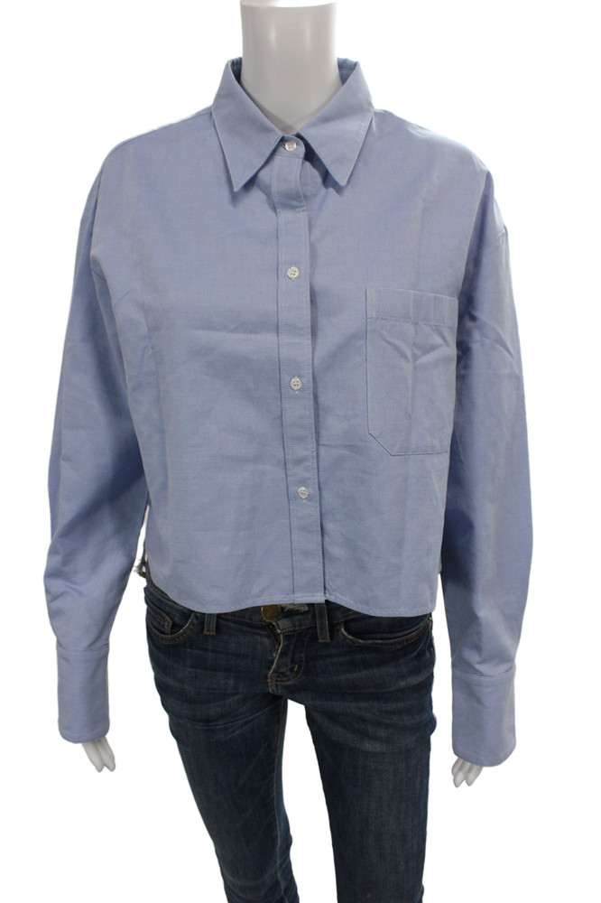 TWP Women Cropped Button-Up Blue Cotton Collared Long Sleeve Top Size MFree Shipping in US $100+ Orders | $6.95 Orders Below