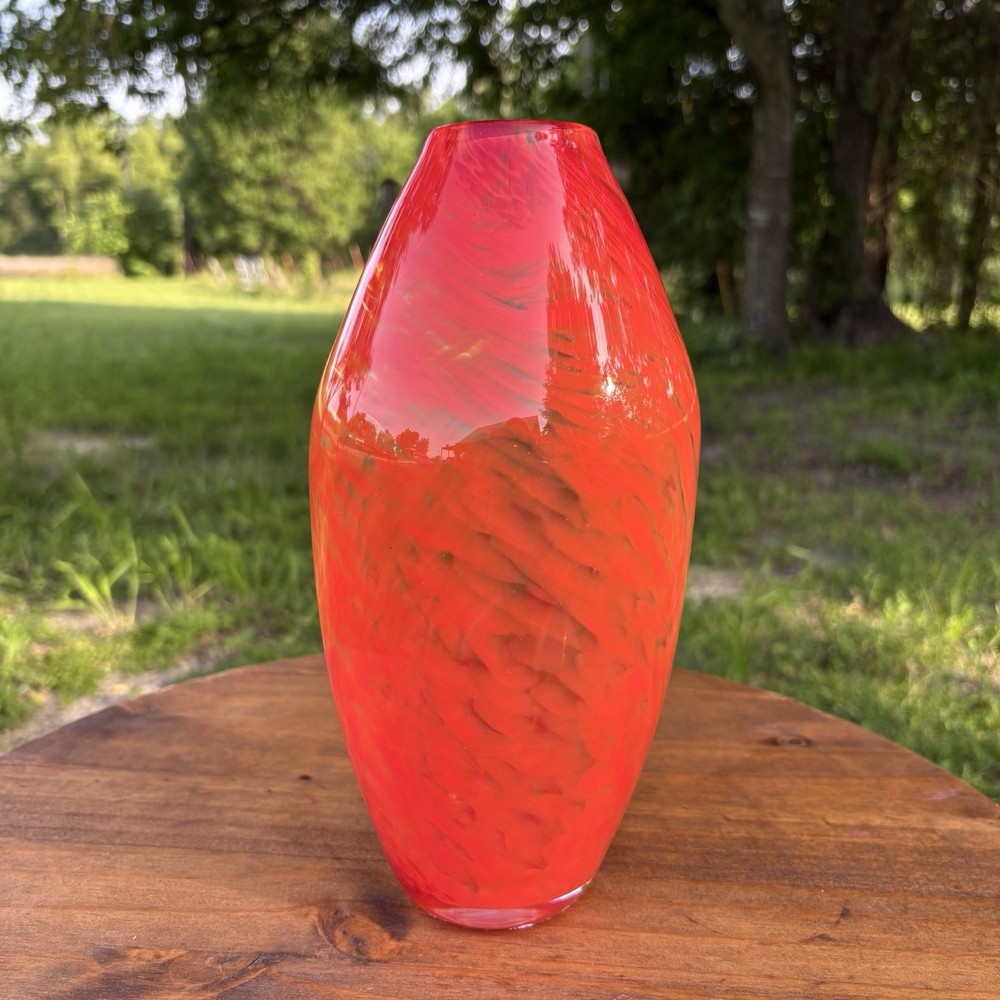 Hand Blow Heavy Art Glass Vase 10” Orange Swirl Design End-of-day Style