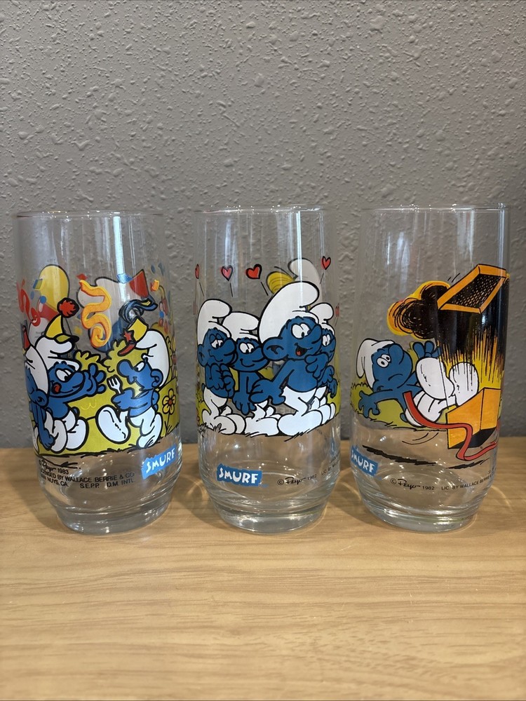 Smurfs vintage 1980s glasses - Smurfette, Baker, Jokey