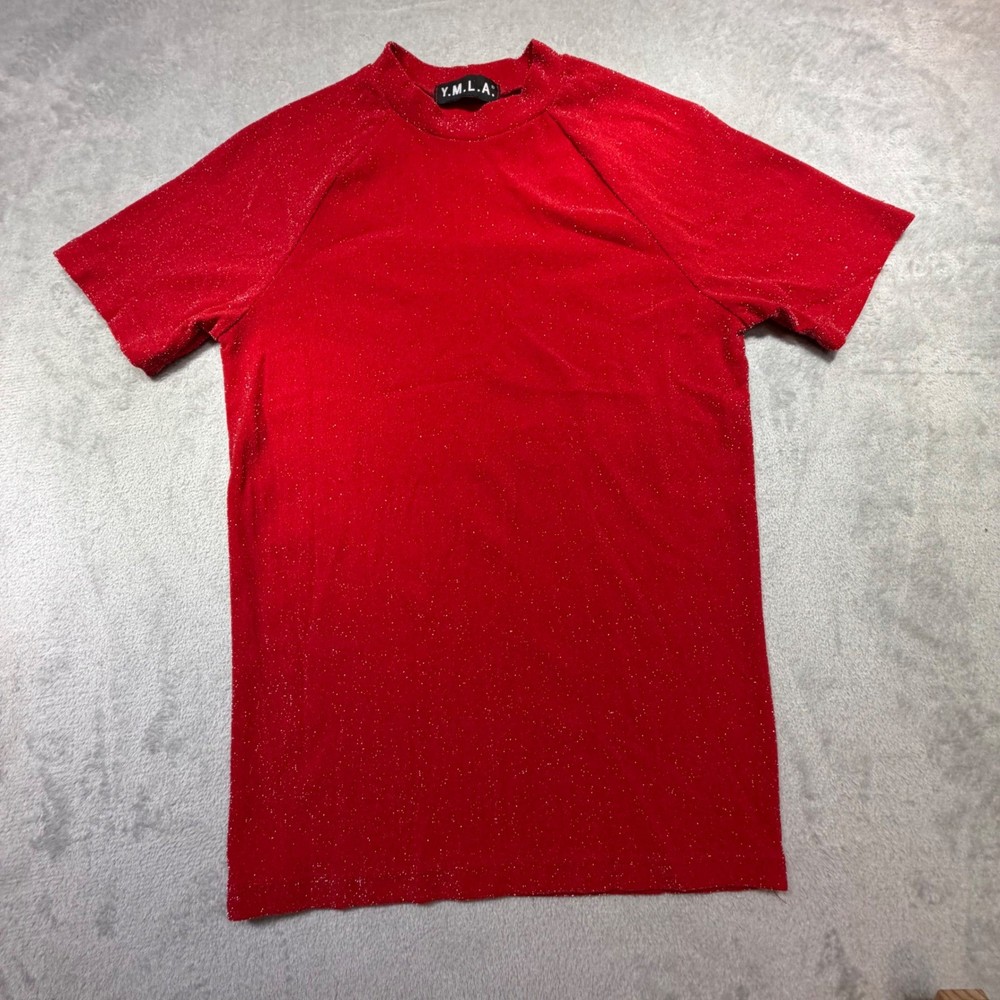 Vintage YMLA Red Glitter Mock Neck Top Short Sleeve Y2K 90s Sparkly Shirt Small
