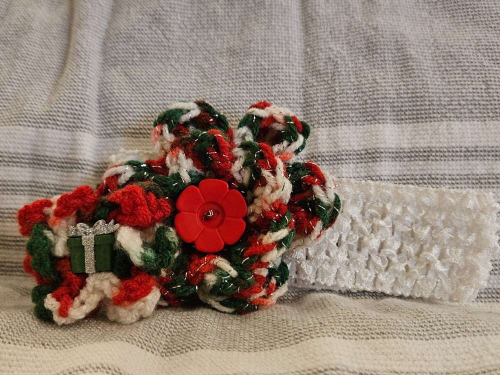 Multicolor Christmas Crochet Flowers with Accent Buttons on Newborn Headband-image