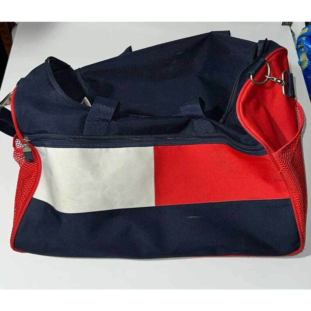 Vintage Tommy Hilfiger Blue Red Flag Duffle Bag with Zip Pockets for Men  