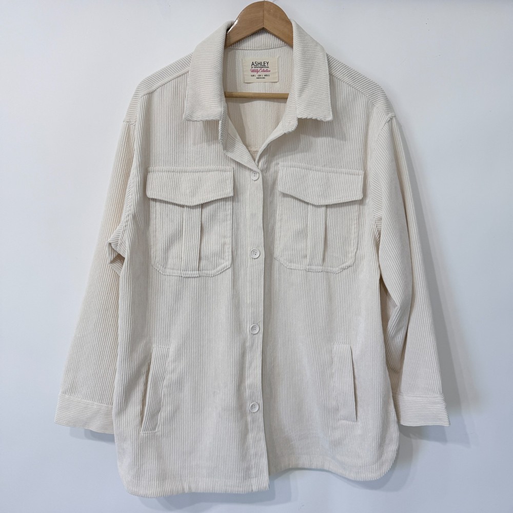 Ashley by 26 International Wide Wale Corduroy Utility Shirt Jacket Large Cream