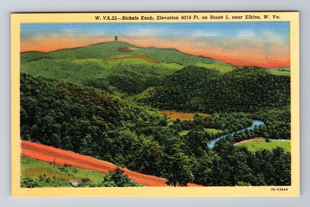Elkins WV- West Virginia, Aerial Bickels Knob, Antique Souvenir Vintage Postcard