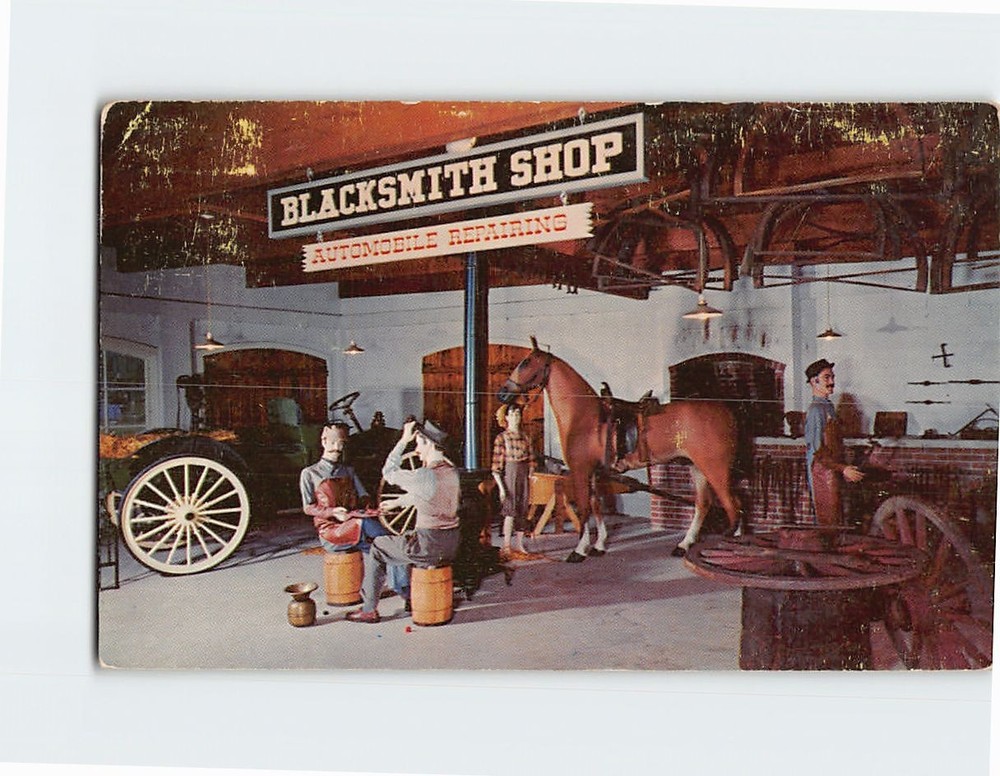 Postcard Scene from Blacksmith Shop Horn's Cars of Yesterday Sarasota Florida