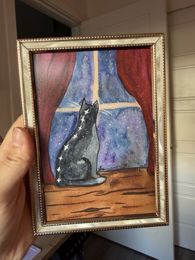 Custom Original Art Star Cat Celestial In Vintage Gold Frame