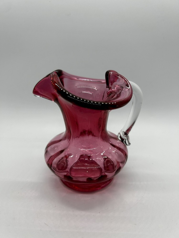 Vintage Hand Blown Cranberry Pink Glass Creamer Pitcher Applied Glass Handle