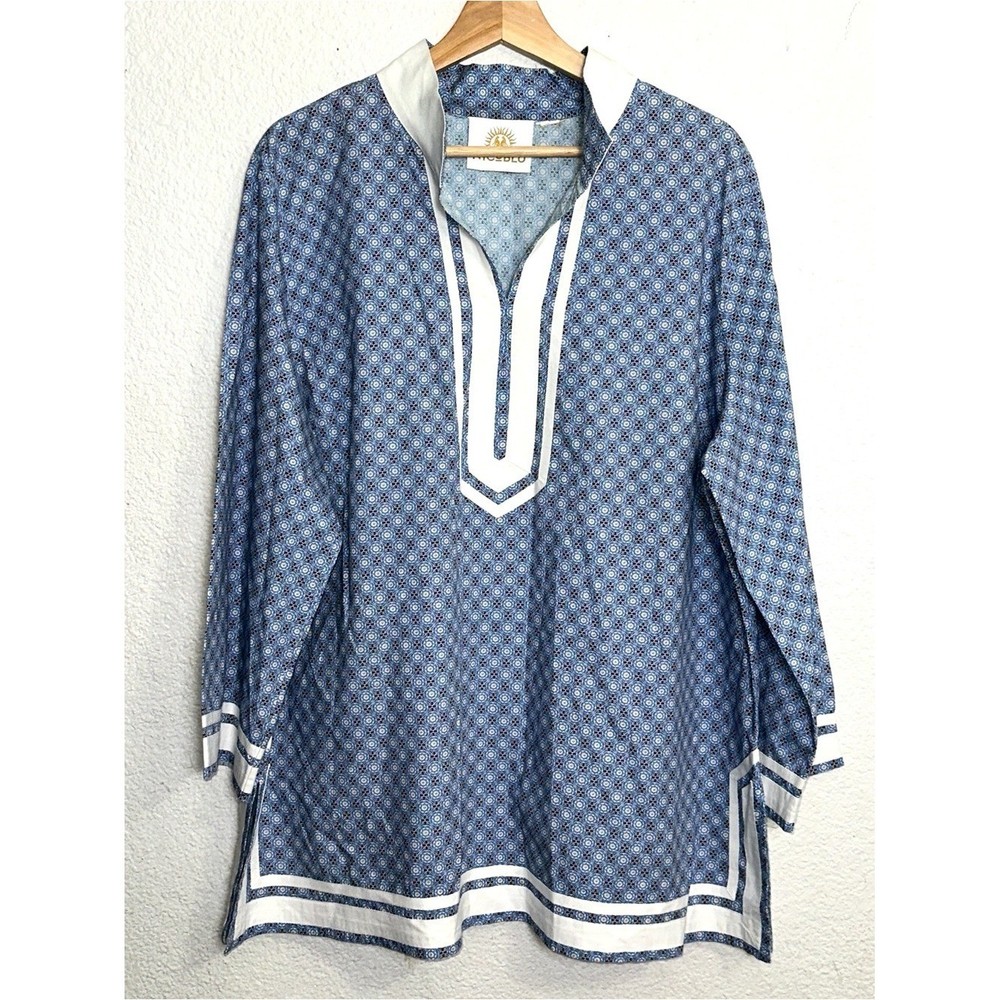 Nicoblu Vietri Porcelain Print Blue Capri Tunic Top Womens Size 2X Resort Wear