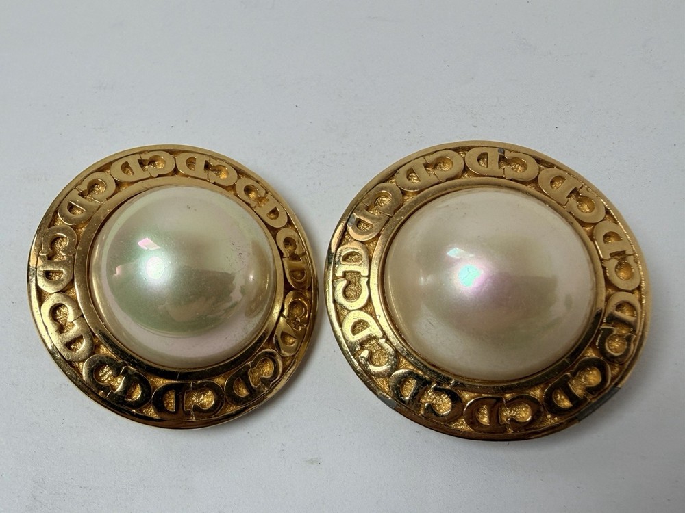 Christian Dior Round Faux Pearl Clip On Earrings Vintage Gold Tone READ