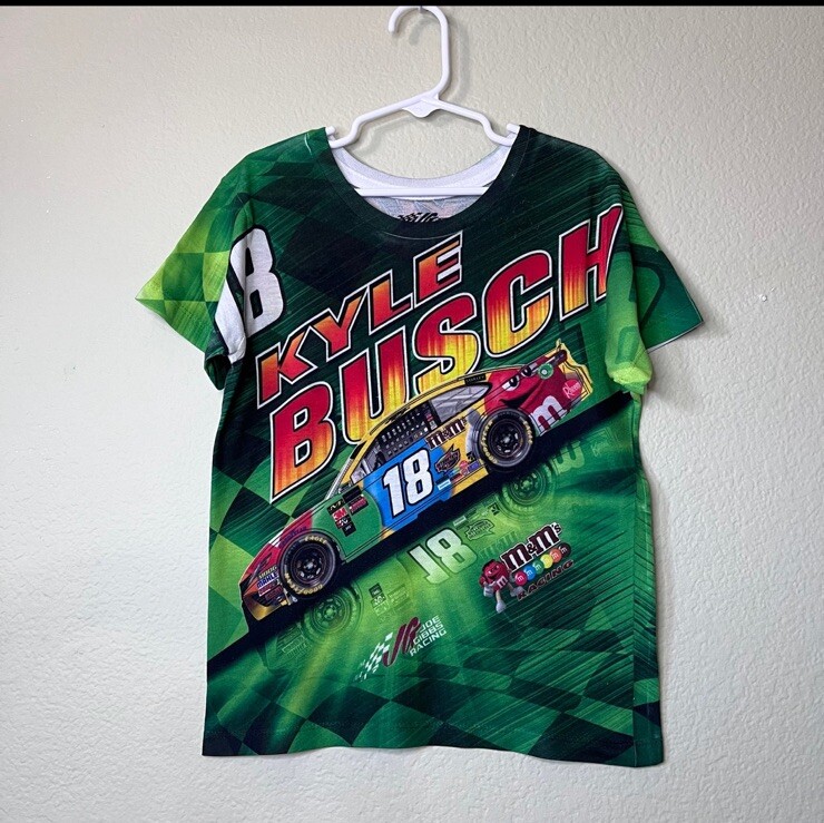 Kids Small Kyle Bush 18 M&M NASCAR Racing Shirt. All Over Print Race Car.