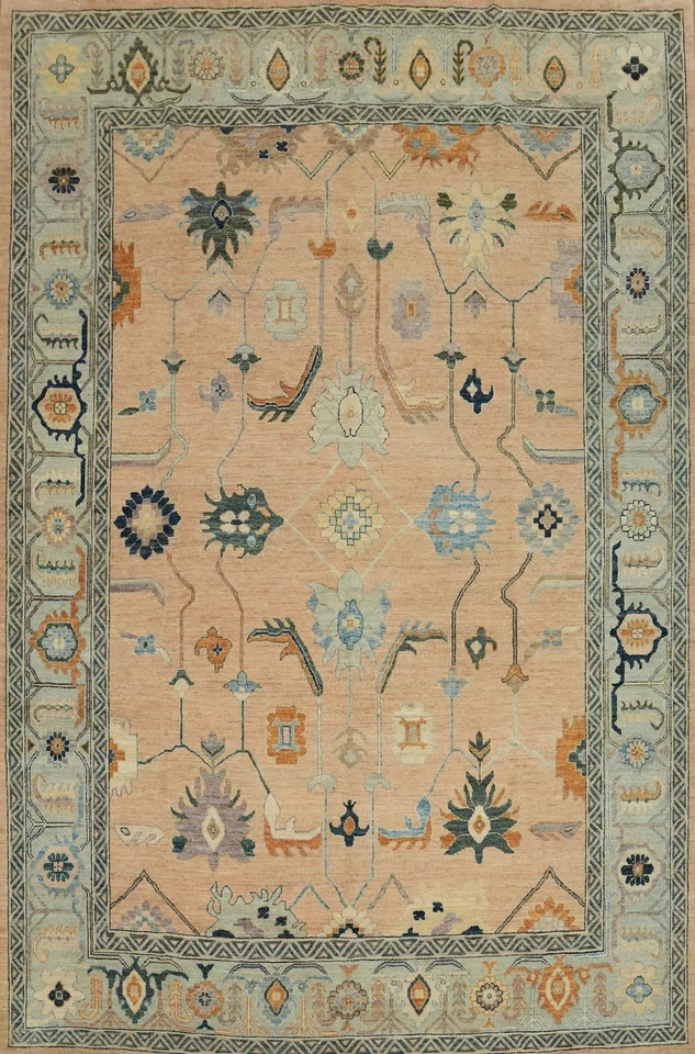 Hand Knotted Oushak Wool Rug Peach Coral Blue Floral Transitional Area Rug