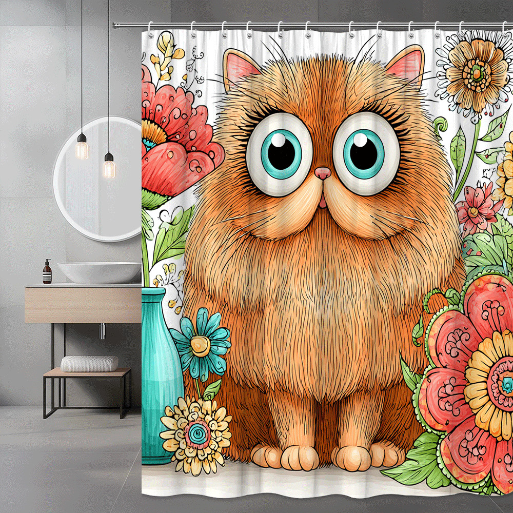 Cute Orange Cat Floral Shower Curtain Graphic Print