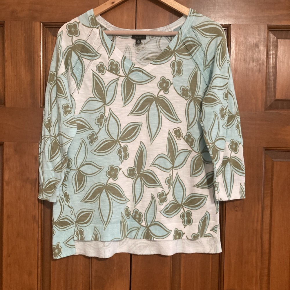 Talbots Women’s Sz Medium White Blue Floral Lightweight Cardigan 3/4 Sleeves