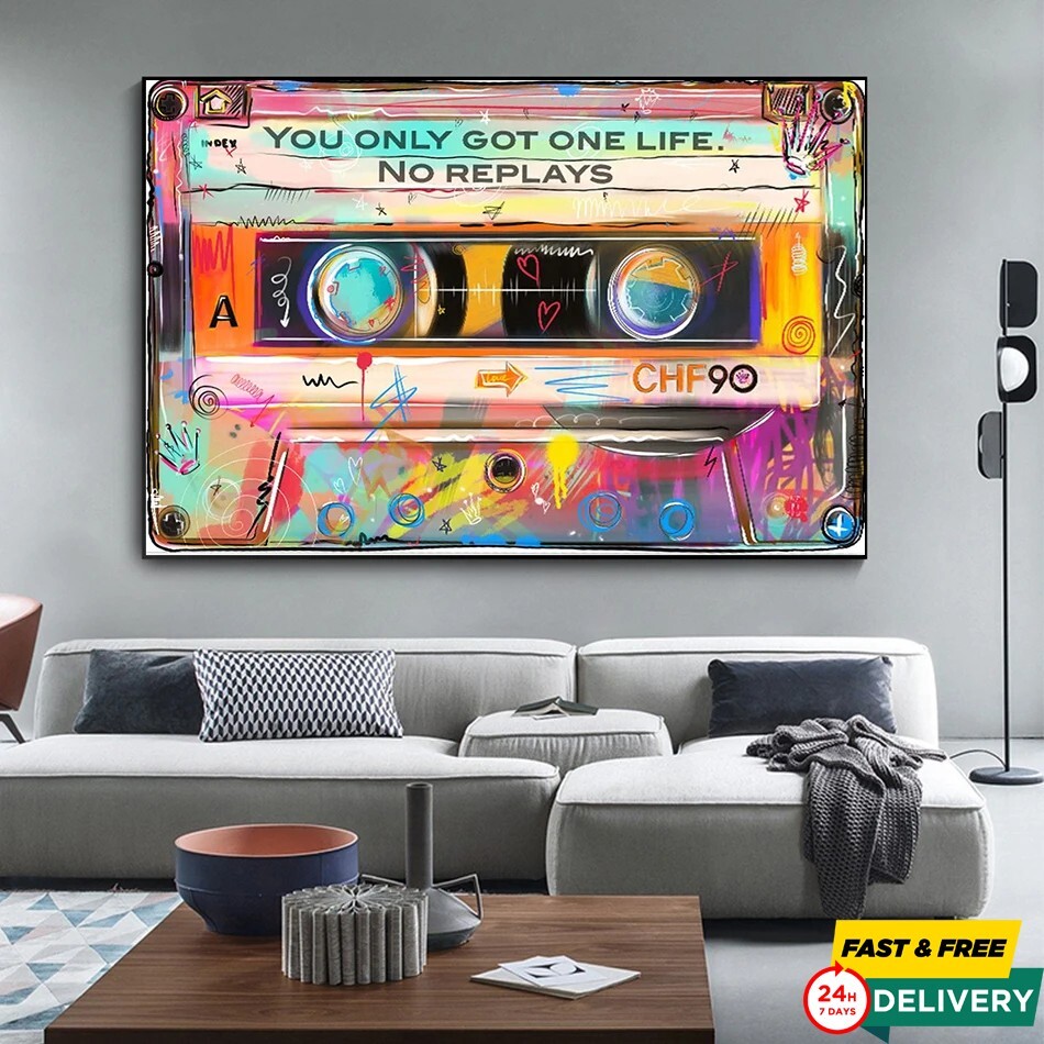 Cassette Tape Graffiti Wall Art Canvas Vintage Abstract Painting Poster Home Dec-image