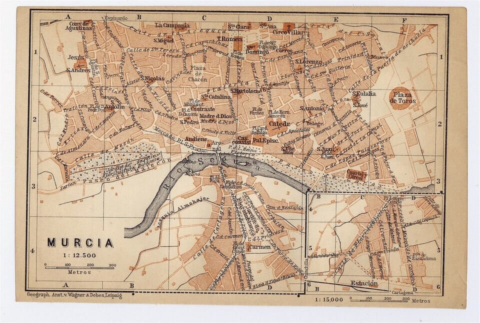 1913 Original Antique City Map Of Murcia / Spain