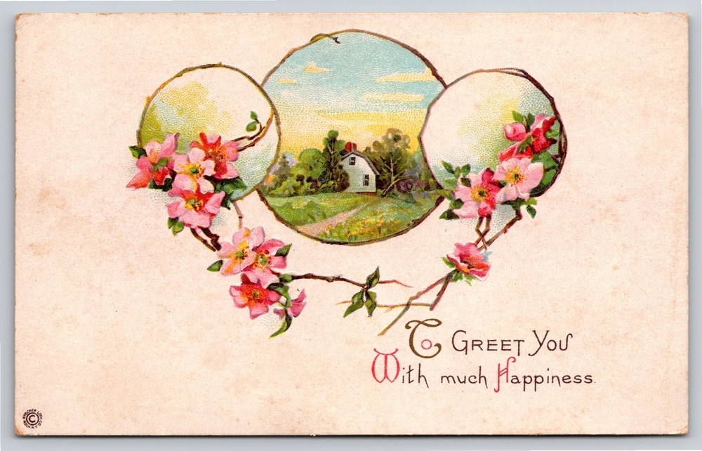 Greetings~Pink Flowers & Home In Circle With Much Happiness~Vintage Postcard