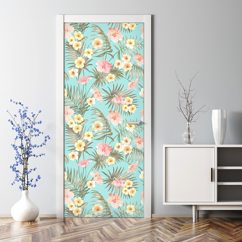 Tropical Flower Bubble-Free Self-Adhesive Green Door Sticker