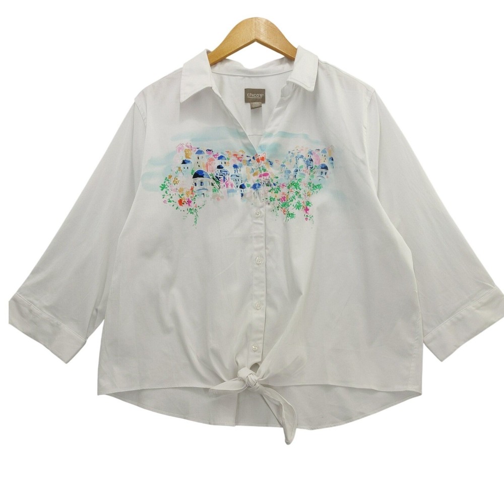 Chico's Button Up Shirt Tie Front 3/4 Sleeve Mediterranean Village Print Sz 3 XL