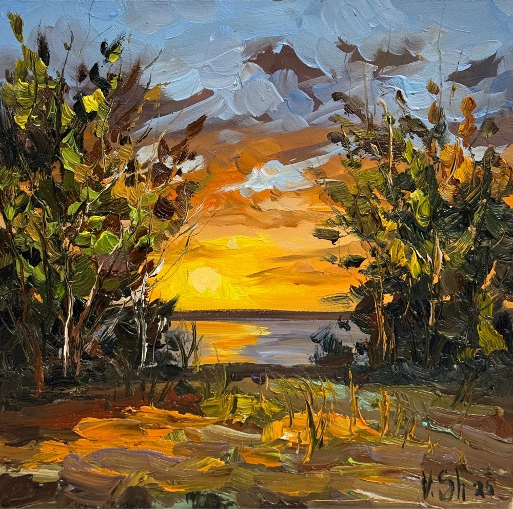 SUNSET RIVER  AUTUMN LANDSCAPE ORIGINAL Impressionism Art Oil painting Signed