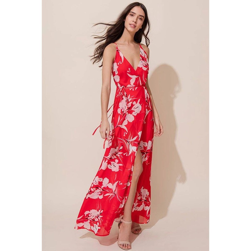 Yumi Kim Womens Dress Rush Hour Maxi Wrap Silk French Rose V-Neck Tie Red S