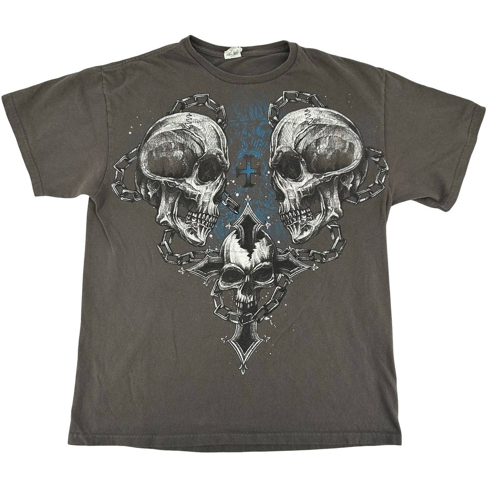 Vintage y2k Men's Grey Delta Pro Weight Skull Chain Cross Graphic T Shirt Sz L