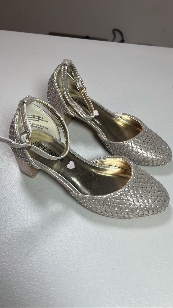 Steve Madden Gold Rhinestone Ankle Strap Block Heel Pumps Youth 13