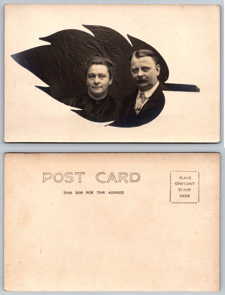 Vintage RPPC Postcard Portrait Man Woman Leaf Vignette Early 1900s