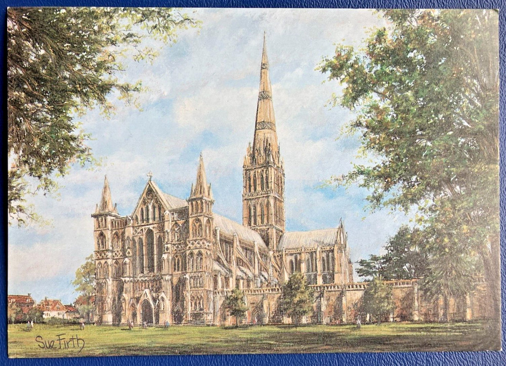 Postcard: Painting of Salisbury Cathedral by Sue Firth, England, unposted