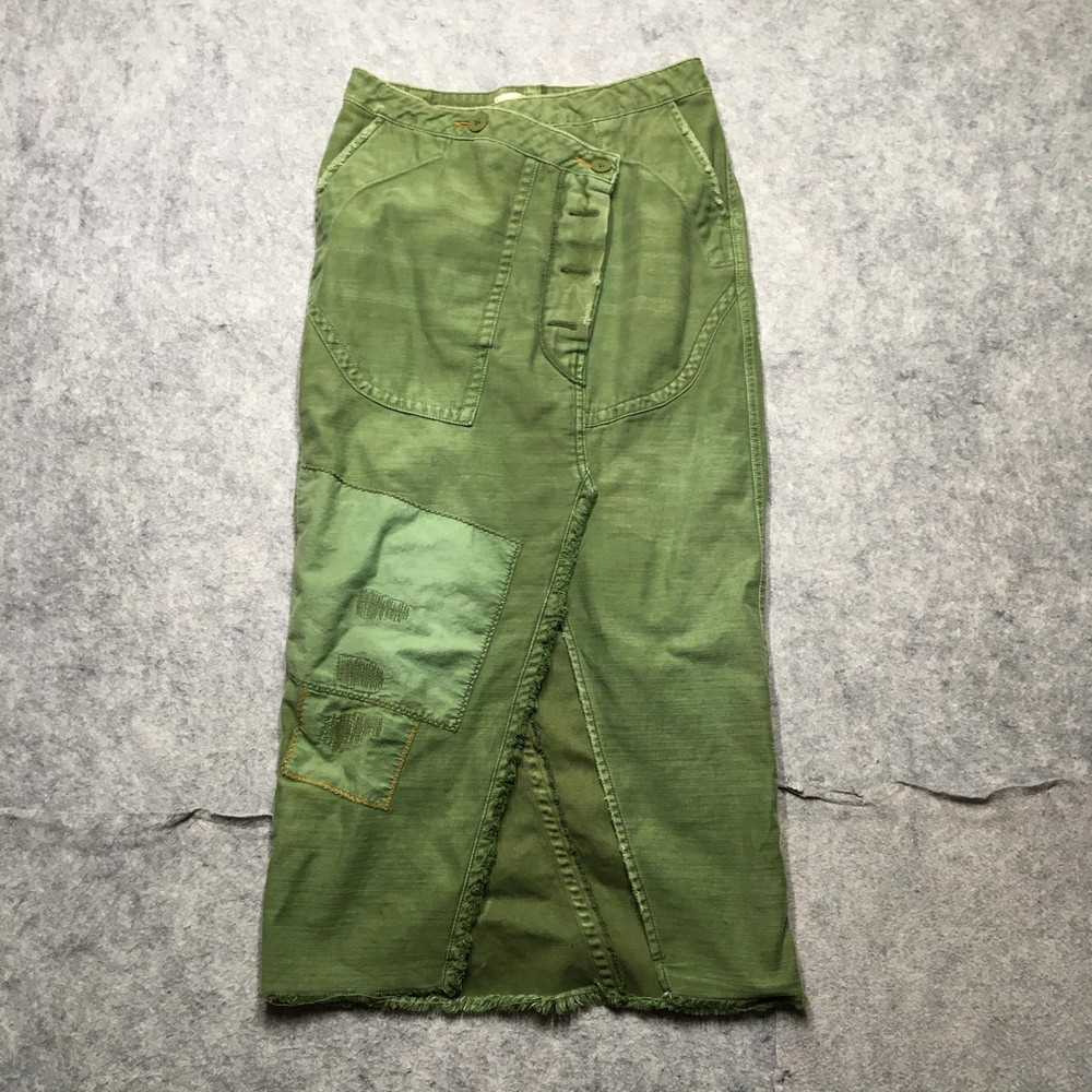 Free People Skirt Womens Medium M Green Cargo Patchwork Midi Fringe Army