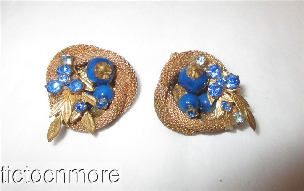 Vintage Frank Hess Miriam Haskell Blue Art Glass Robins Nest Mesh Earrings