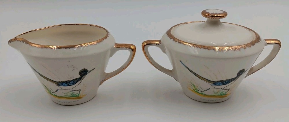 Vintage Mid Century Roadrunner Ceramic Sugar and Creamer Set Gold Trim USA MCM