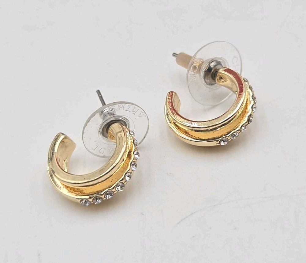 Vintage Gold Tone Rhinestone Half Hoop Earrings Red Enamel Pierced Fashion...