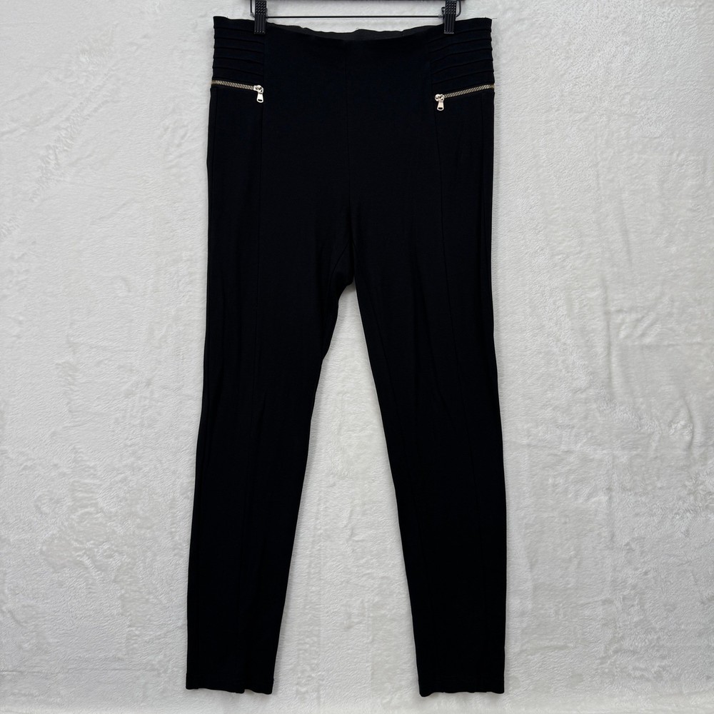 Zara Leggings Womens XL Black High Rise Moto Pleated Gold Zipper Slim Fit Skinny