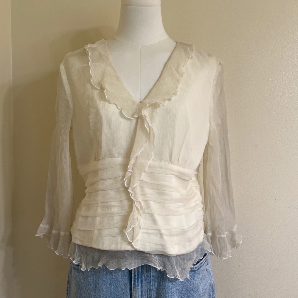 100% Silk Women Cream Ruffle V-Neck Pleated Waist Blouse Ivory Size 10
