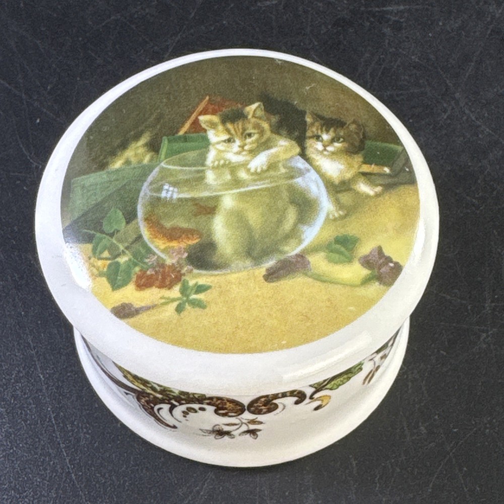 Vintage Cat Trinket Box Crownford England Bone China Kitten Goldfish Jewelry Box