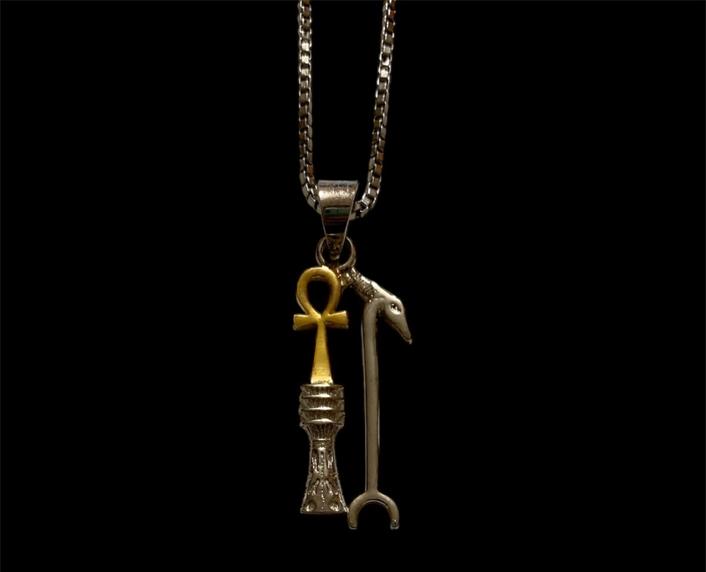Rare Sceptre Staff with Djed and Ankh Key Pendant from 925 Sterling Silver