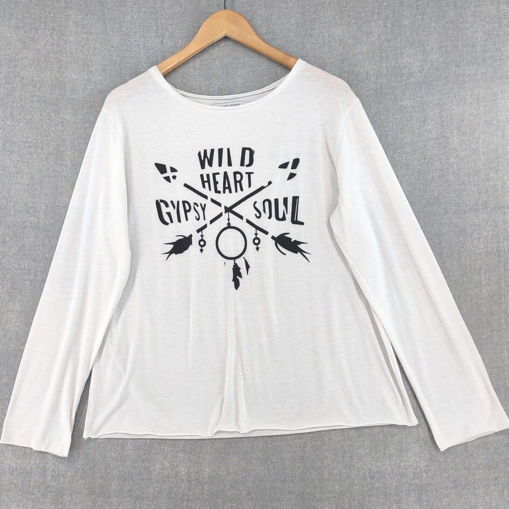 Misslook Womens XL Long Sleeve Tee Top White Burnout Gypsy Soul Relaxed