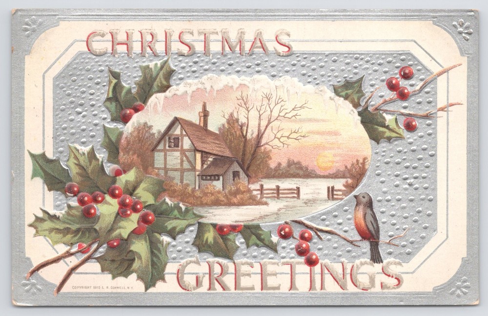 Holiday~Christmas~Home in Winter~Bird on Holly Branch~c1910 Postcard