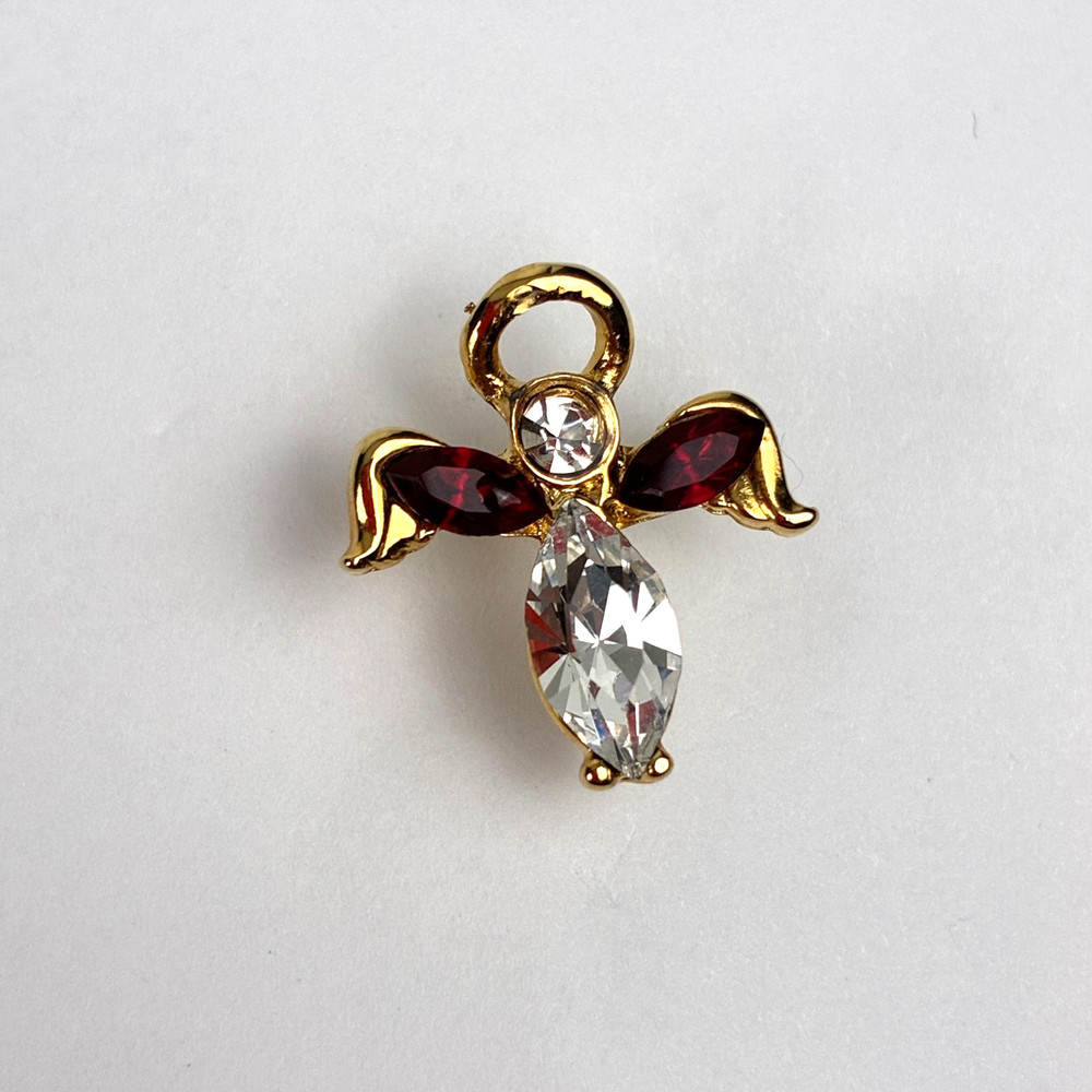 Gold Tone Angel Brooch Pin Red Clear Rhinestone Marquise Dangle