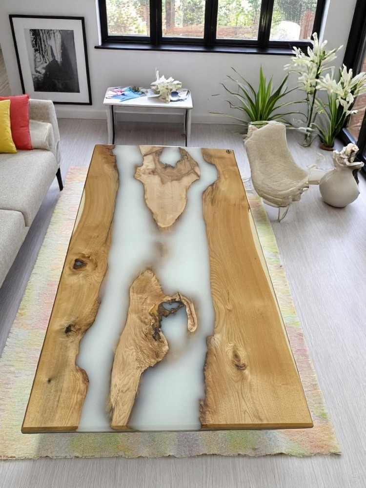 60-inch White Epoxy Resin Dining Table with Natural Acacia Wood Live Edge-image