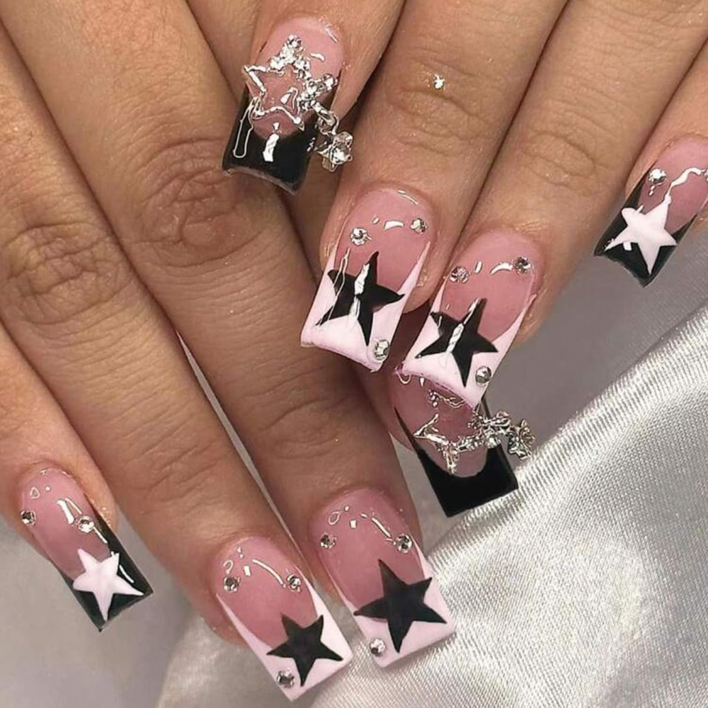 24Pcs Pink Winter Press On Nails Medium Square with White French Tips