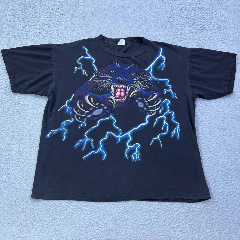 VTG USA American Thunder Lightning Black Panther T-Shirt XXL Single Stitch AOP
