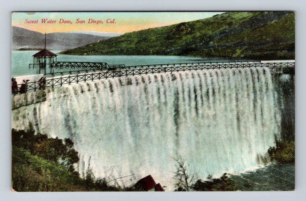 San Diego CA-California, People Overlooking Sweet Water Dam, Vintage Postcard
