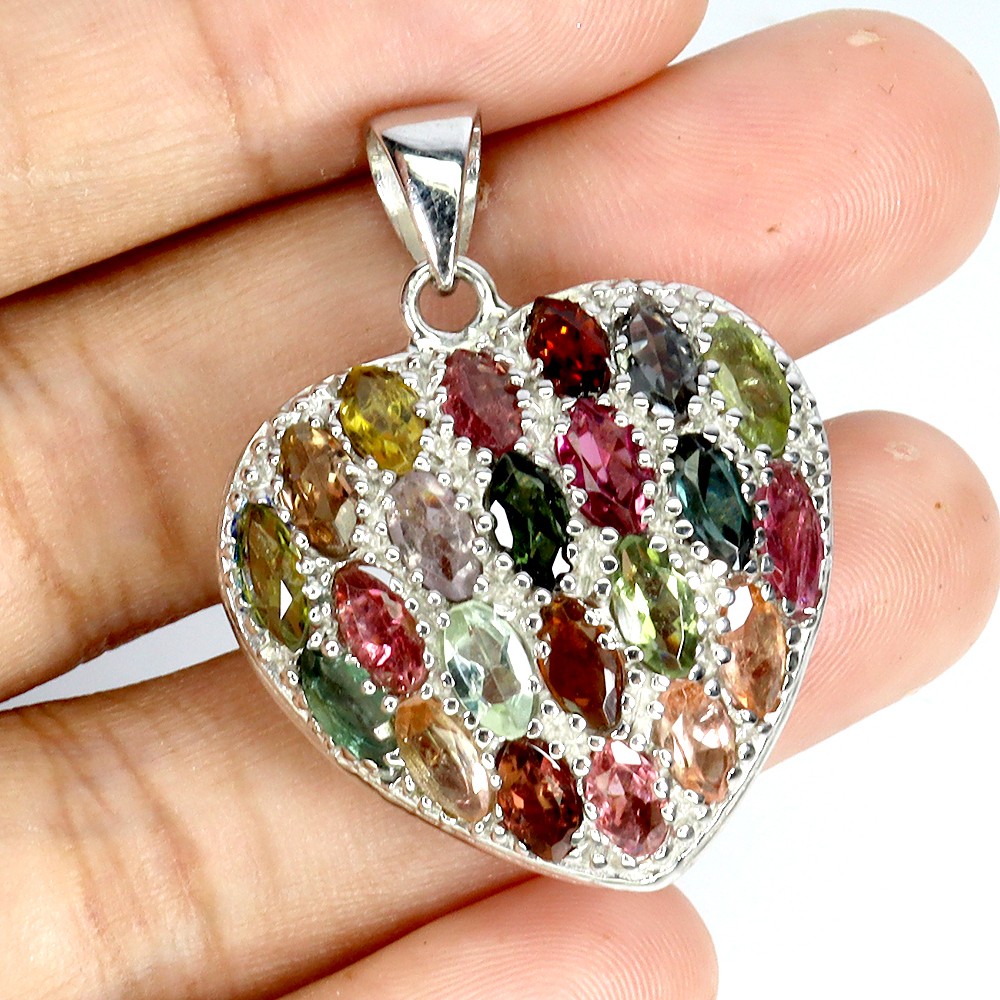 925 Sterling Silver Pendant Marquise Tourmaline 6x3mm Gemstone Heart Jewelry