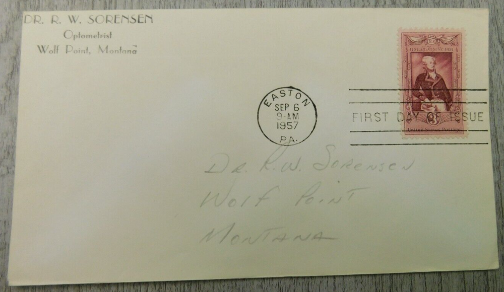 First Day Issue Easton Pennsylvania 1957 La Fayette Stamp Envelope Cover